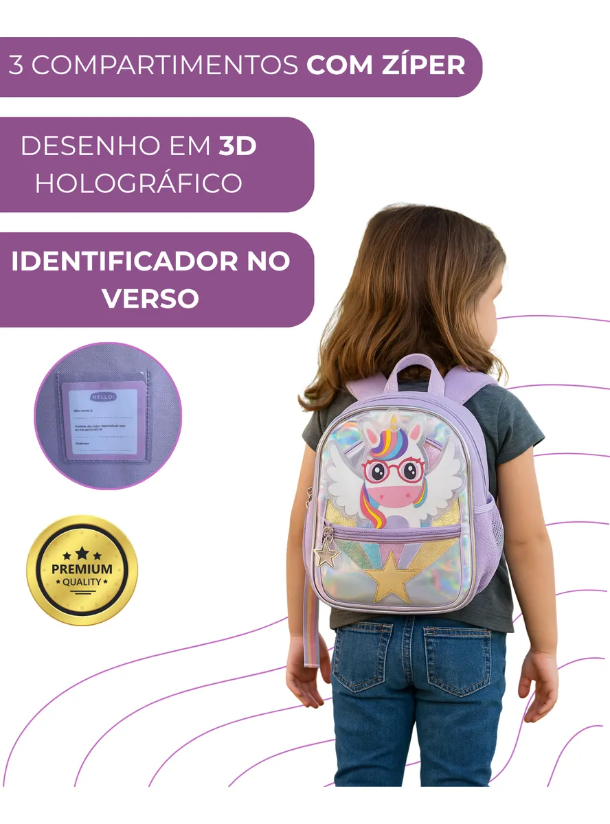 Mochila Escolar Infantil Menina Costas Unicórnio Feminina - Imagem 2