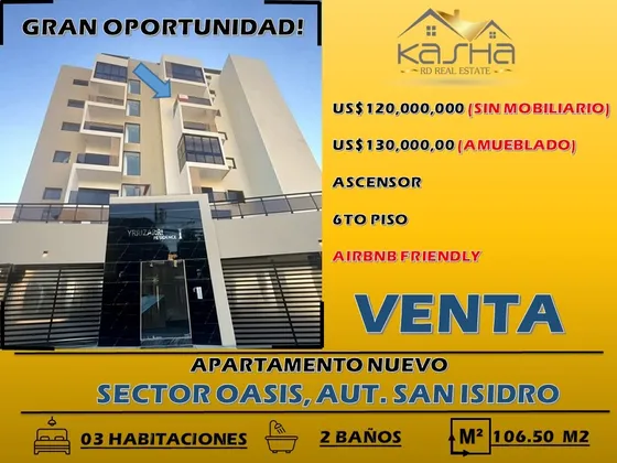 Venta Precioso Apartamento En 6to Piso Con Ascensor, Ubicado En El Exclusivo Sector Oasis, Proximo A La Plaza Cuadra, Autopista San Isidro, Sde.,a Pocos Metros De La Avenida Charles De Gaulle