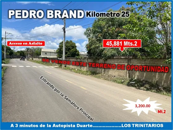 Vendo 45,881 Mts.2 Terreno En Pedro Brand,  A 3 Minutos De La  Autopista, Calle Asfaltada.