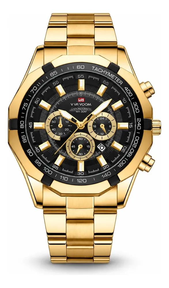 Relógio Masculino Vavavoom Luxo Cronógrafo Aço Inox 3atm Dourado Preto