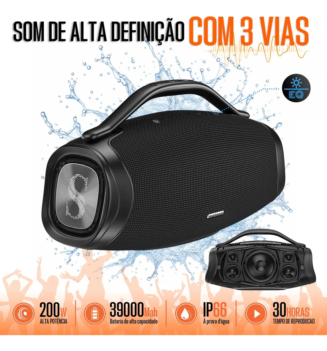 Caixa De Som Boombox sabala Bluetooth 5.4 Portátil potente dr909 200w Estéreo 39000mah App 20khz Tws Ipx66 Preto