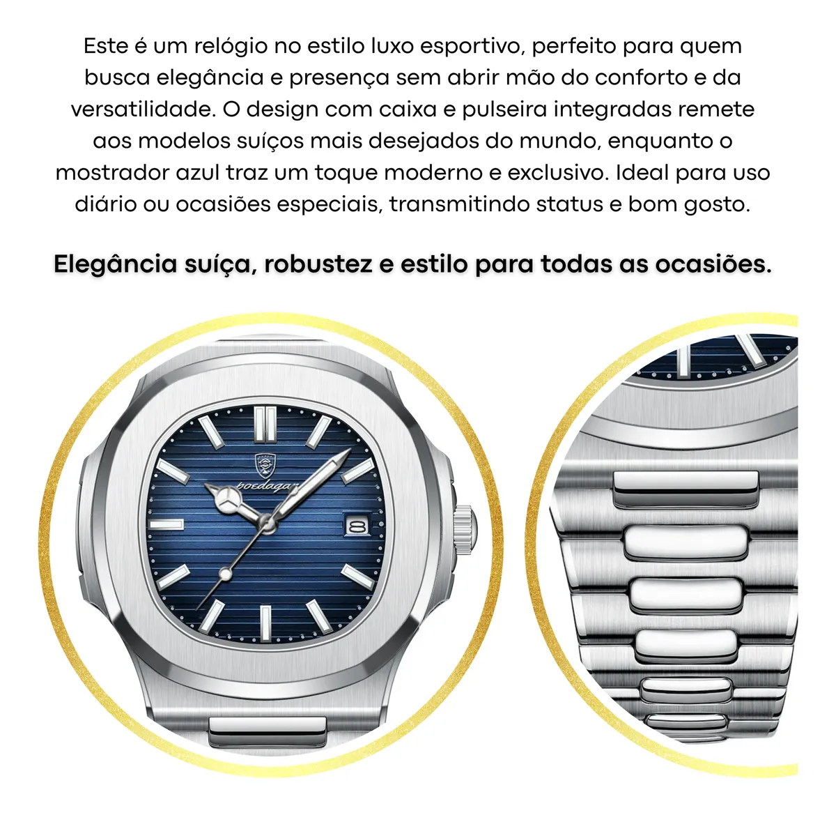 Relógio Poedagar De Luxo Aço Com Caixa E Ajuste De Pulseira Cinza Prateado Azul - Imagem 2