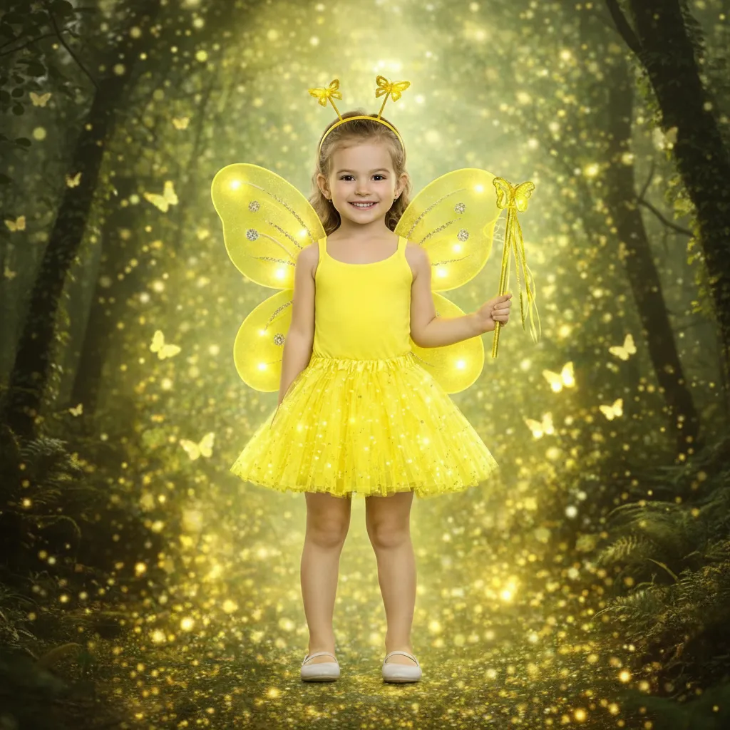 Fantasia Fada Borboleta Asas E Saia C/ Led + Tiara + Varinha Amarela Único - Imagem 2