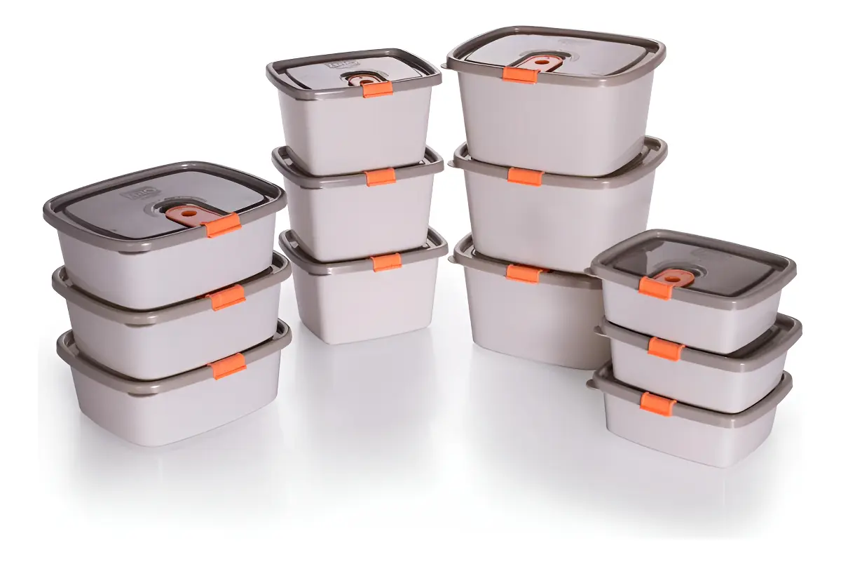Kit Potes Plástico Retangular Plasútil com Tampa Fixa para Micro-ondas e Freezer – 12 Peças