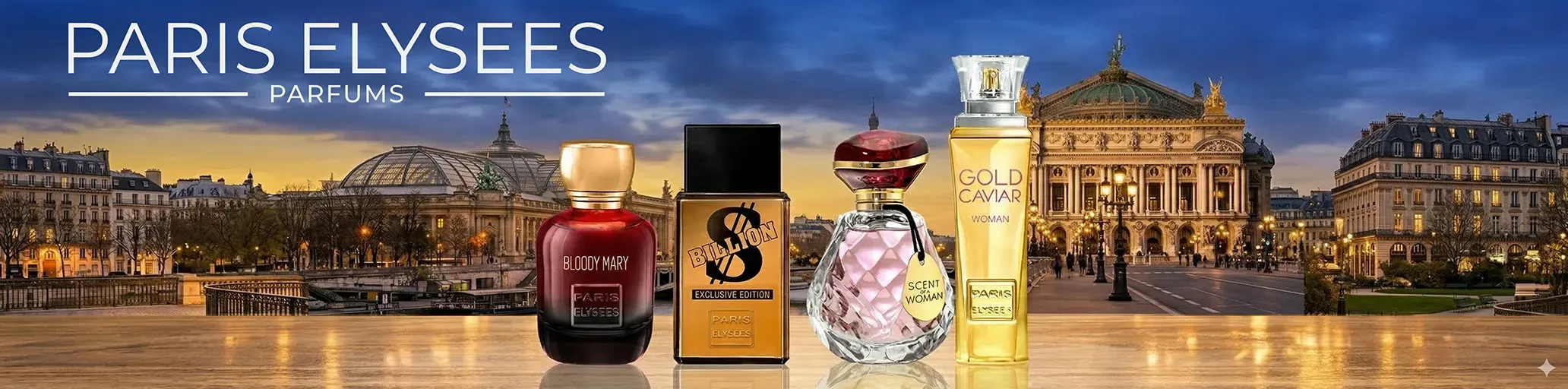 Perfumes Paris Elysées com a Ópera de Paris ao fundo