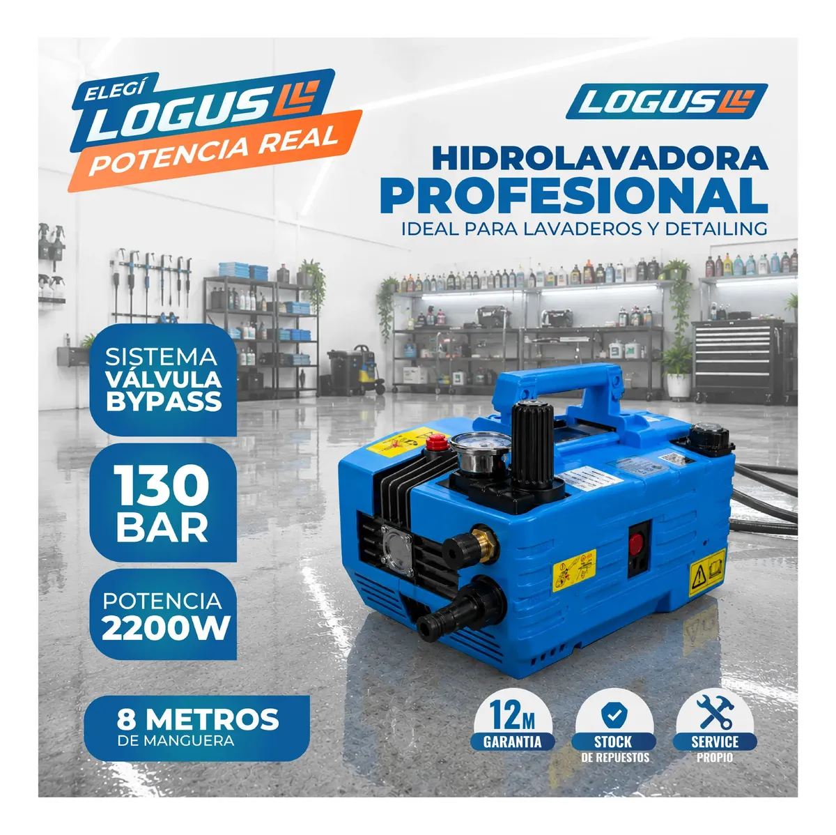 Hidrolavadora Logus Profesional 2200W 130 Bar 8L/min Detailing Lavaderos