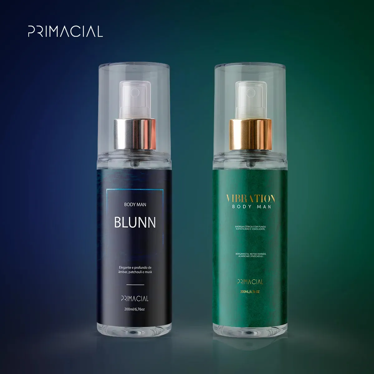 Kit Body Splash Masculino Vibration E Blunn 200ml - Primacial Perfume Bergamota Limão