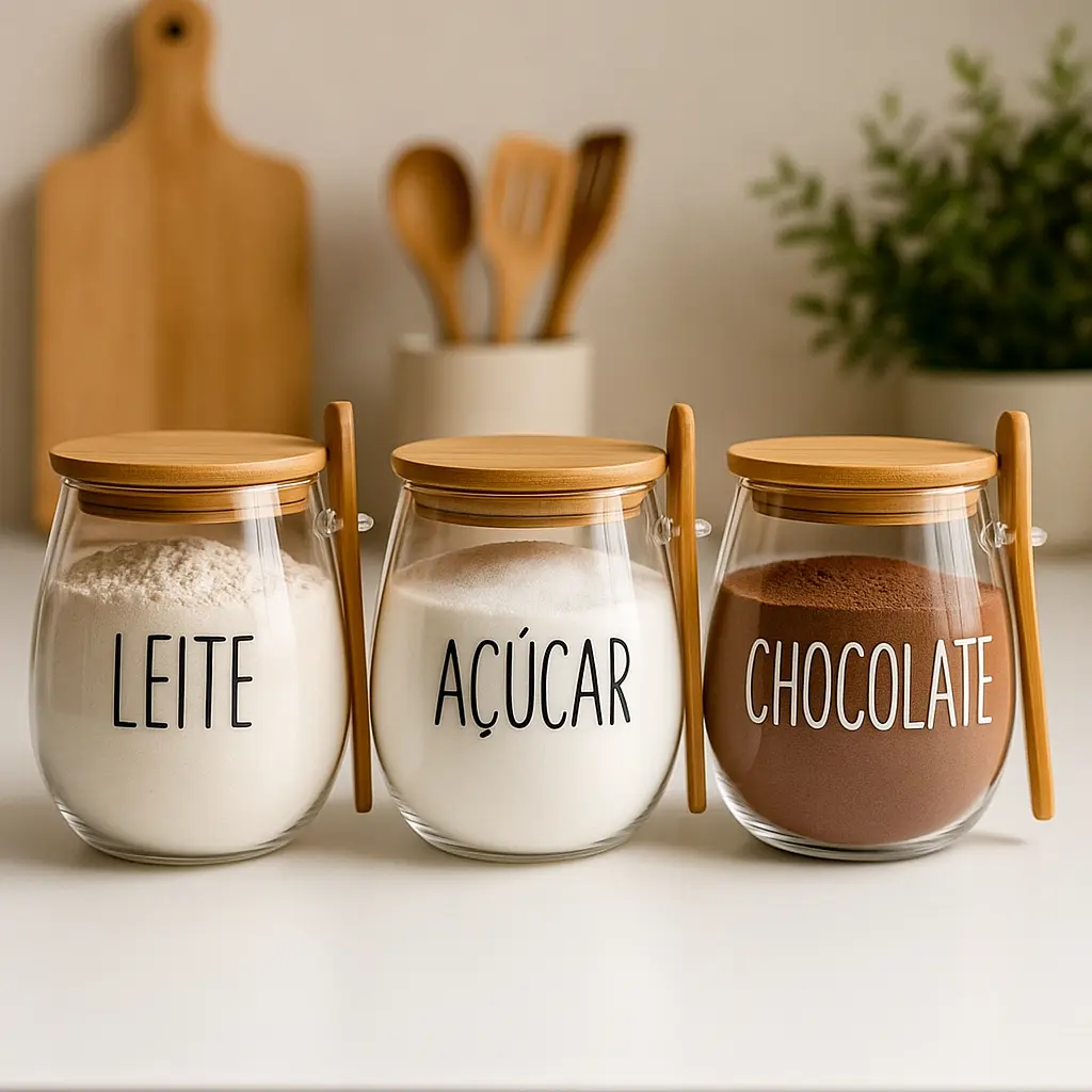 Kit 3 Pote Vidro Cantinho Café Açucar Chocolate Colher Bambu