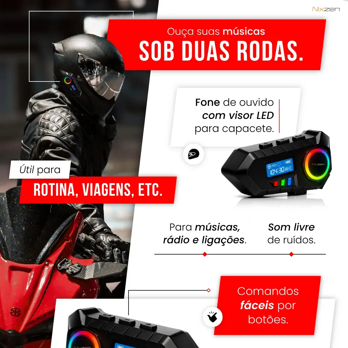 Fone De Ouvido Capacete Bluetooth Moto Comunicador Sem Fio Lançamento Com Visor Fm Microfone Rgb Headset Wireless Nixzen