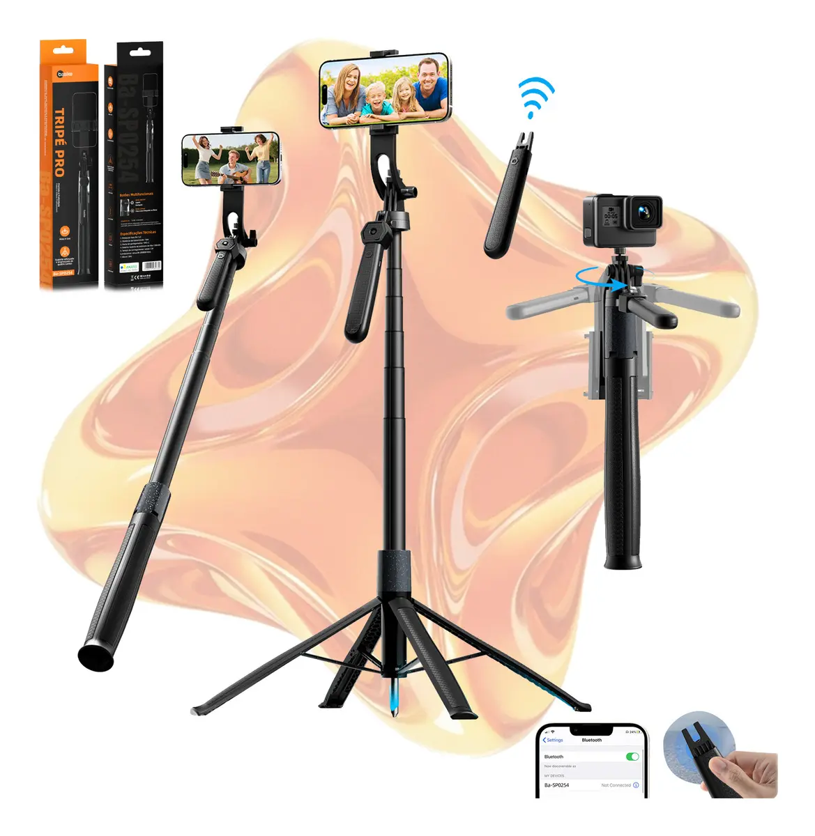 Basike Tripé 1,80m Bastão Portátil Profissional Com Controle Remoto Para Telefone Celular E Camera Go Pro Ringlight Youtube Ig Kwai Tiktok Live Streaming Vlog Selfies Estacas Fixação Overhead Shooting
