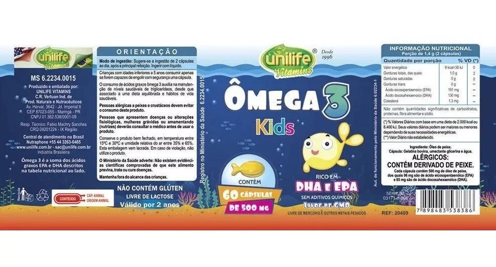 Kit 3 Omega 3 Kids 500mg 60 Capsulas - Unilife