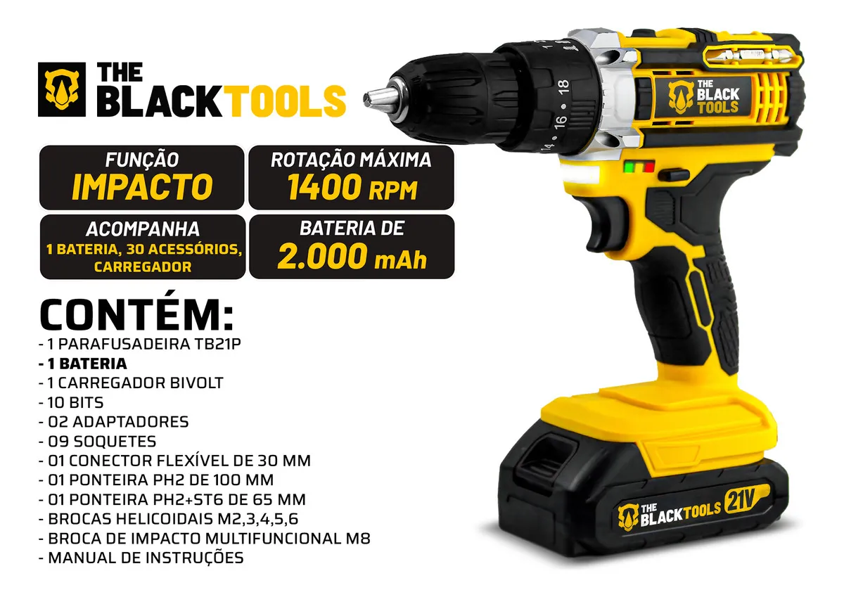 Parafusadeira e Furadeira The Black Tools TB-21PW Parafusadeira e Furadeira The Black Tools TB-21PW