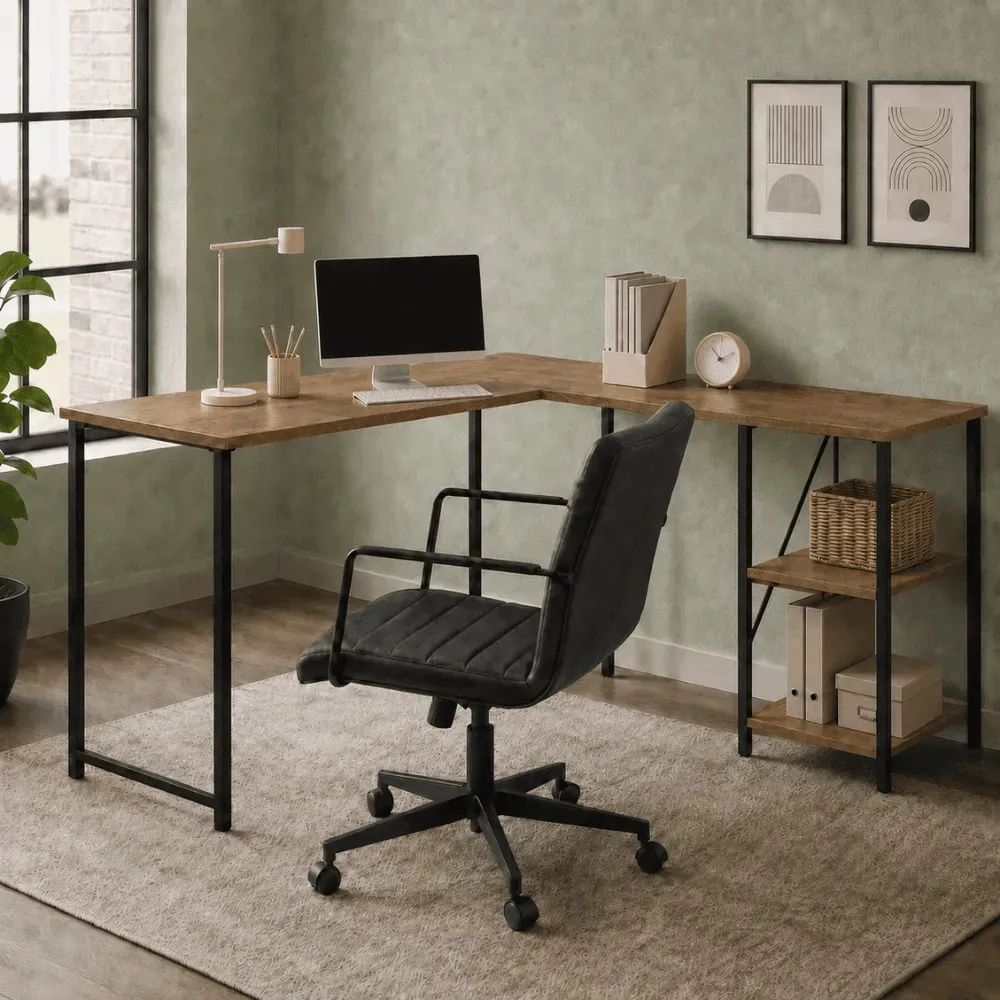 Mesa Escrivaninha Estilo Industrial Em L Com Prateleiras Klm Store