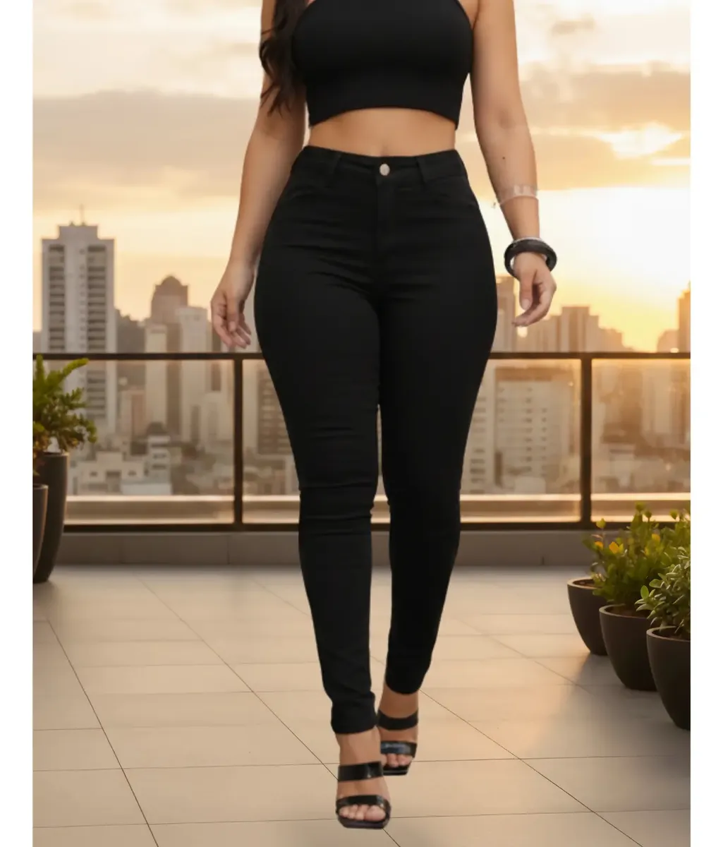 Calça Jeans Feminina Empina Bumbum Cintura Alta Lycra Preta