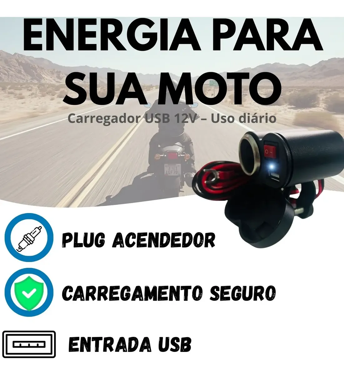 Tomada Moto 12v 2 Em 1 Usb E Isqueiro Impermeável Com Tampa
