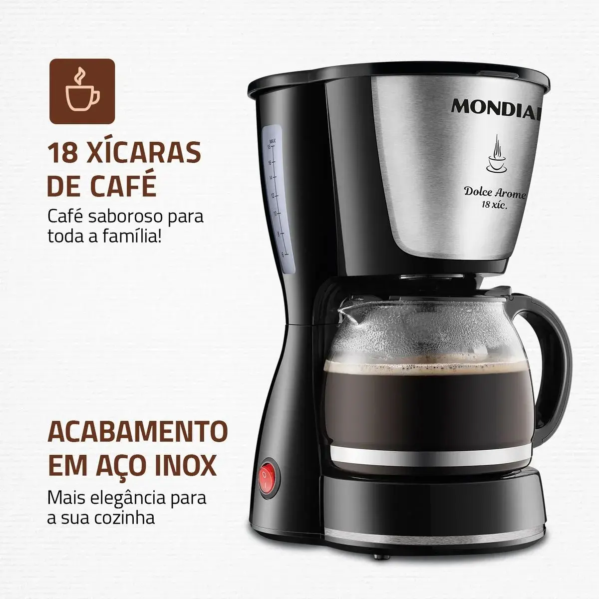 Cafeteira Mondial Dolce Arome com destaque para a capacidade de 18 xícaras e acabamento em aço inox