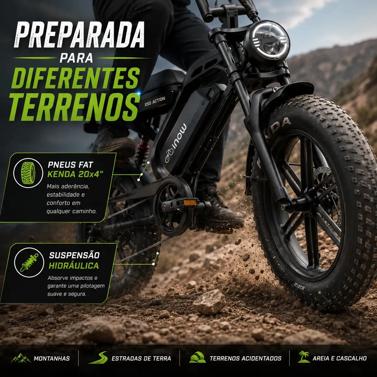 Detalhe técnico da Inow X50 Action Pro mostrando pneus fat e suspensão hidráulica