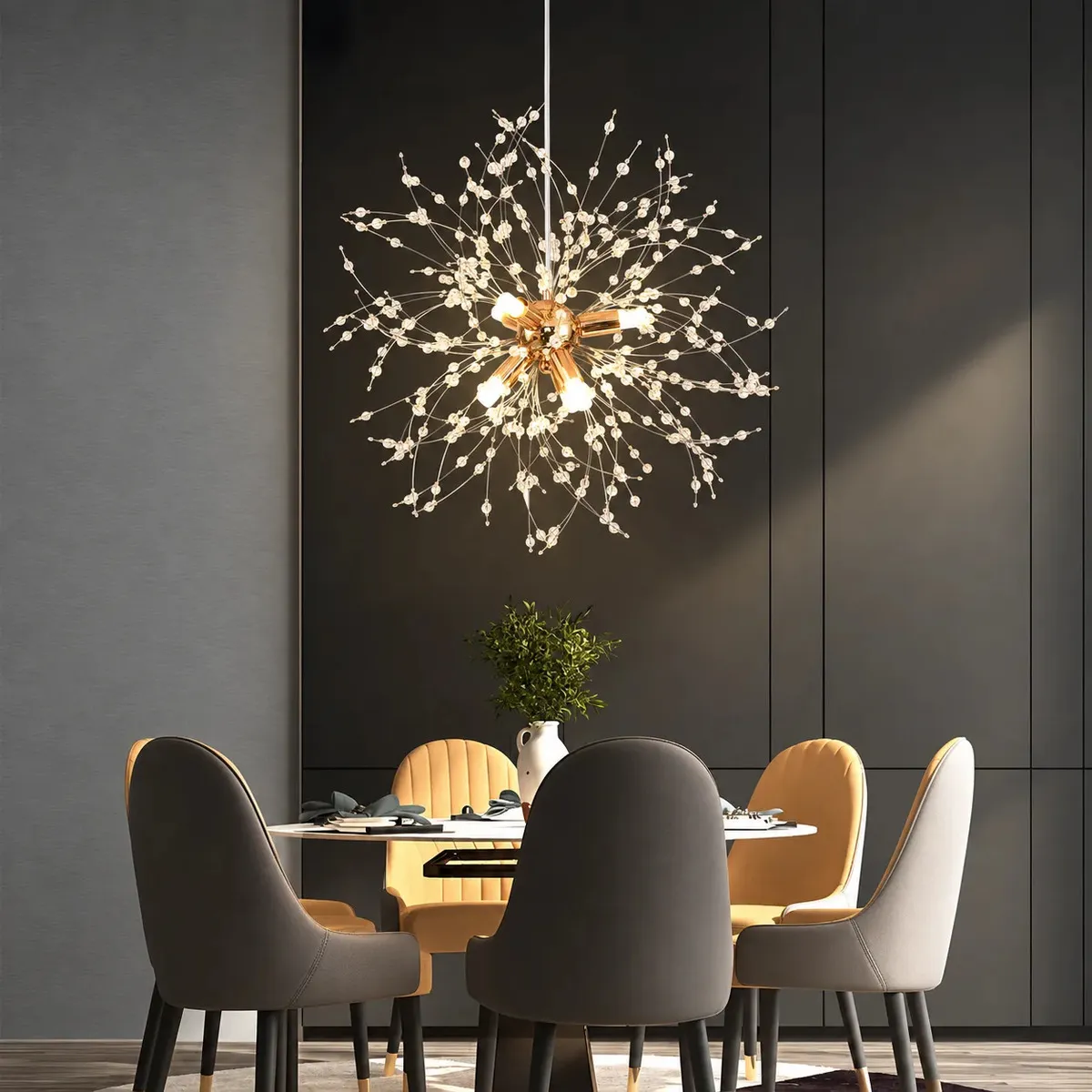 Lustre Pendente Dente De Leão Cristal Dourado Luminaria Quarto Casal Sala Jantar Modernas Tieesa Dourado