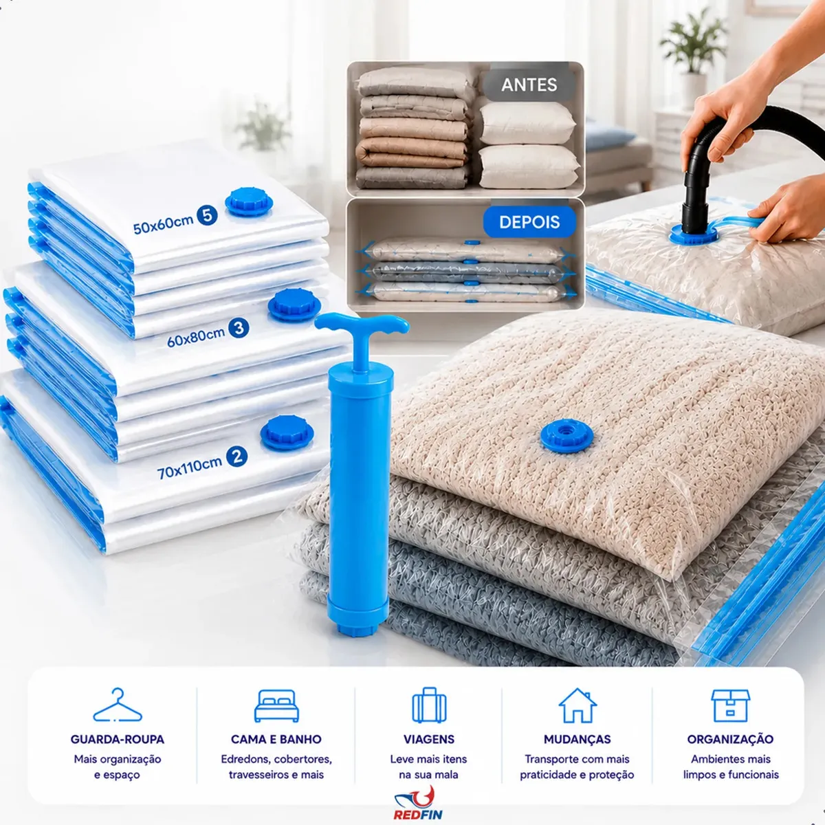 Sacos A Vácuo Kit 10 Unidades - Viagem Mala Avião Embalagem Com Bomba Reutilizável Viagem Organização (2x - 70x110) (3x - 60x80) (5x - 50x60) Roupa Casaco Organizadores Edredom Pequeno Médio E Grande