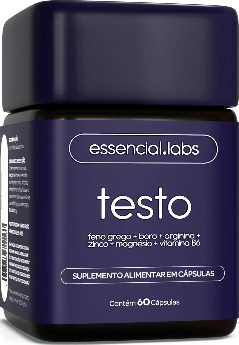 TESTO ESSENCIAL - Fórmula Exclusiva com Feno Grego + Boro + Arginina + ZMA + Vitamina B6 - Precursor da Testosterona - 60 cápsulas