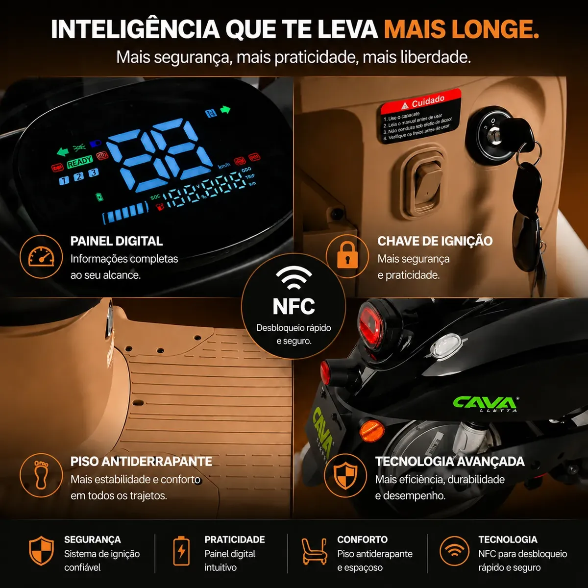 Montagem com quatro detalhes da C12: painel digital, chave de ignição, piso antiderrapante e tecnologia NFC