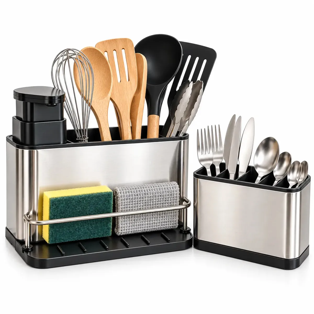 Set Organizador Bacha Dispenser Escurridor Acero Inoxidable