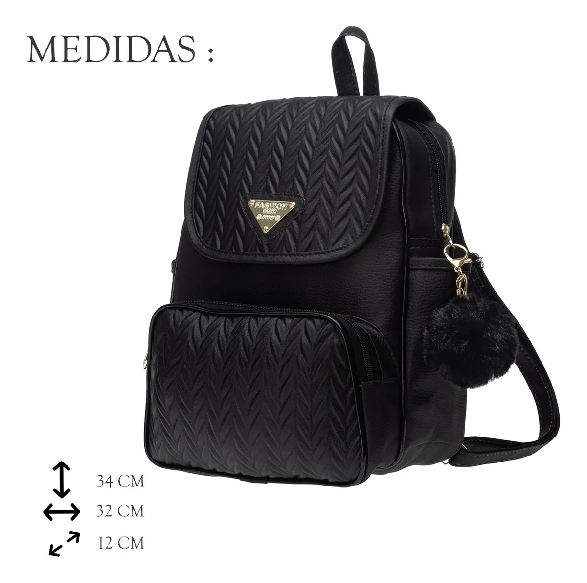 Mochila Feminina Bolsa Escolar Reforçada Trabalho C/ Pompom Preto Estampado - Imagem 2