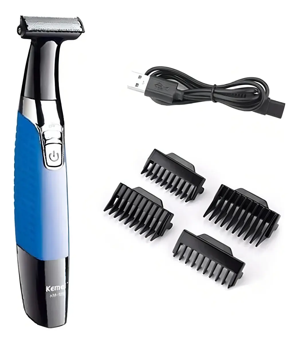 Barbeador elétrico Kemei azul com cabo de carregamento USB e quatro pentes de corte