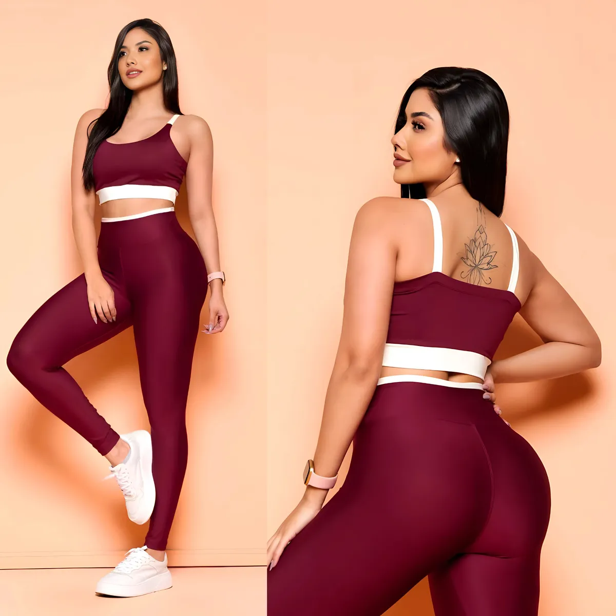 Conjunto fitness preto com detalhes em rosa