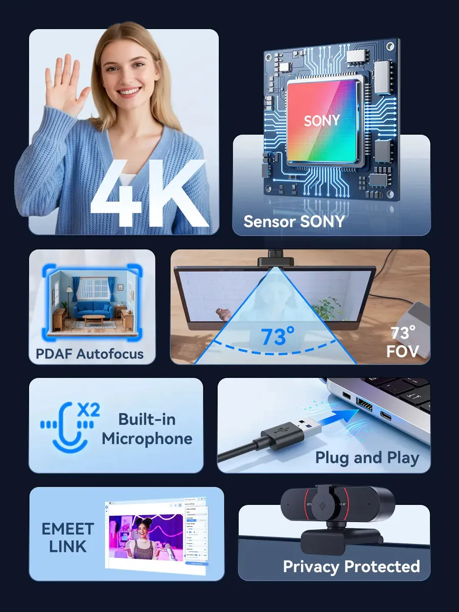 Emeet C960 4k Webcam 1080p 60fps Camera Para Pc Streaming Com Microfone Automático Kit Videoconferencia Preto