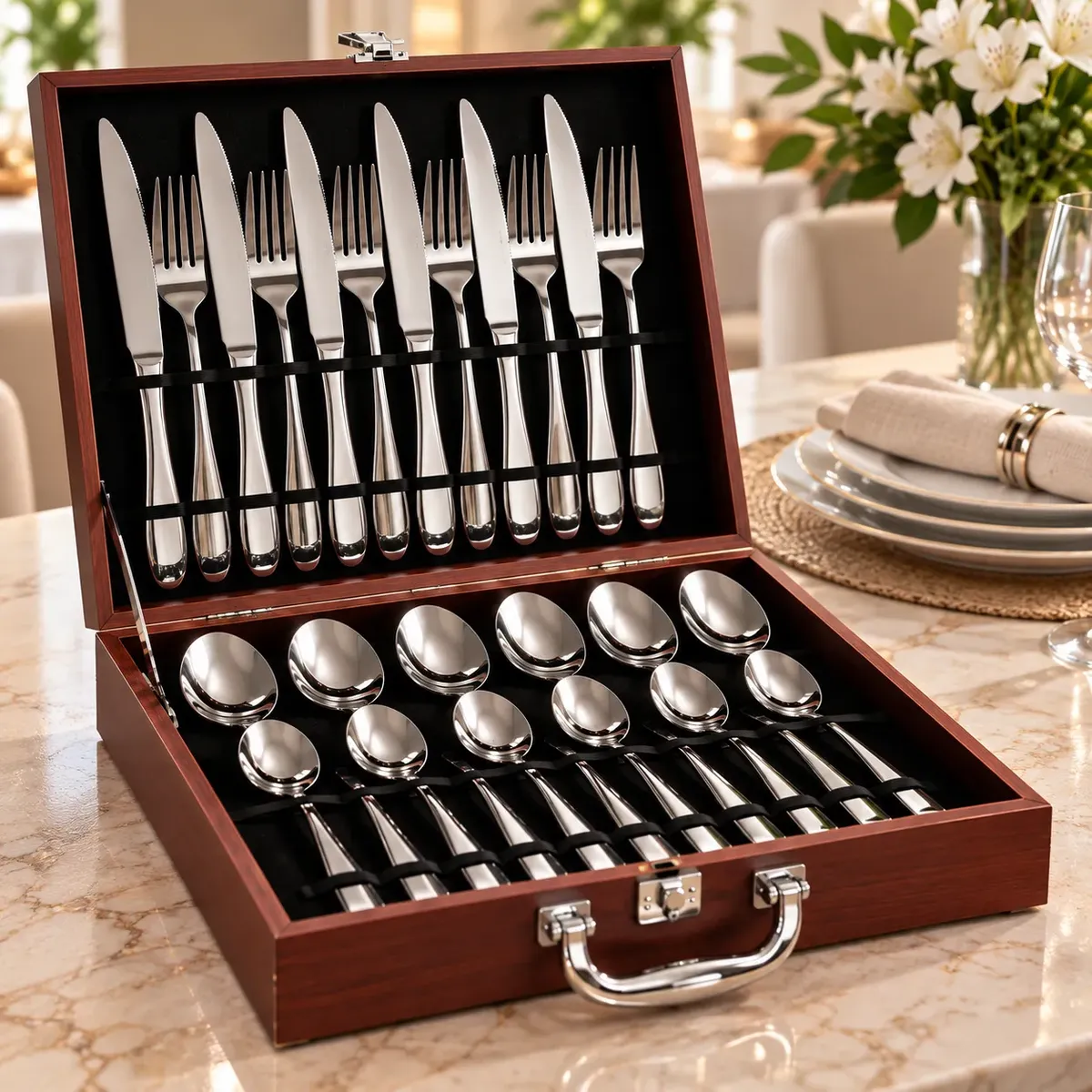 Conjunto De Talheres Faqueiro Inox Premium 24 Peças Maleta