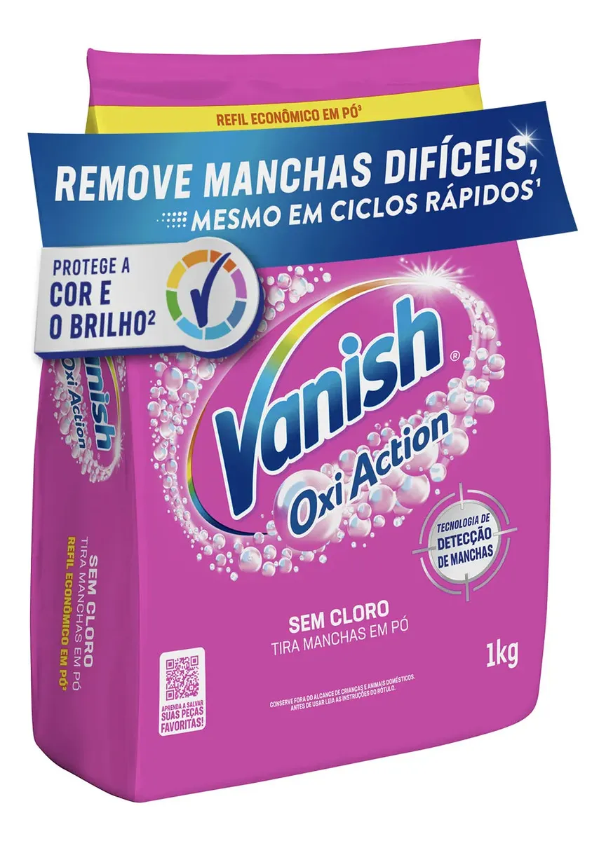 Tira Manchas em Pó Vanish Oxi Action Pink Refil 1kg para Roupas Coloridas, Sem Cloro, com Percarbonato, Remove Manchas Difíceis, Preserva as Cores e Deixa as Roupas Como Novas