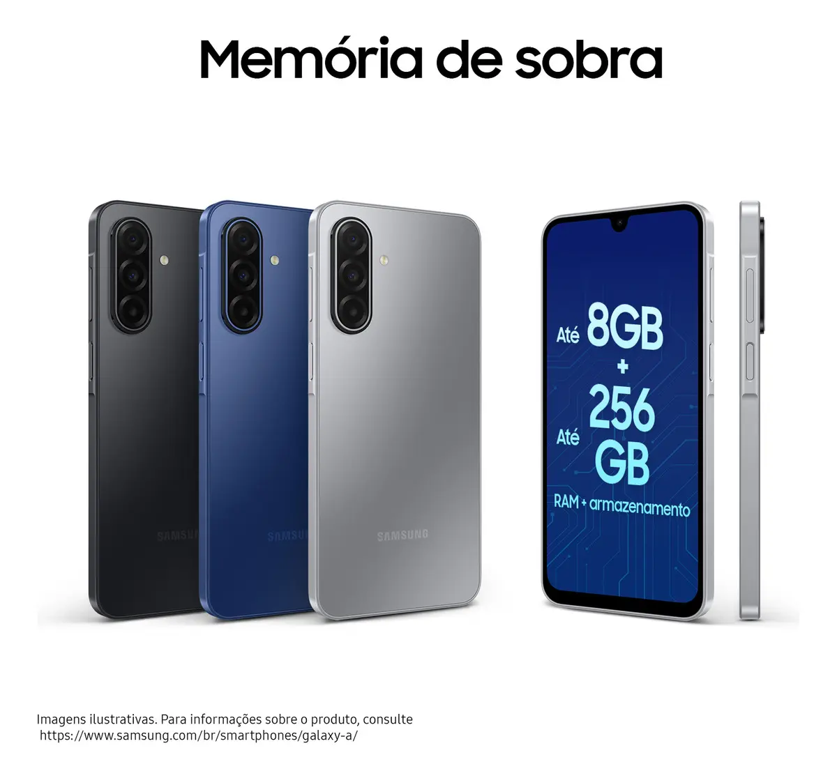 Três opções de cores do Samsung Galaxy A17 5G ao lado de uma tela detalhando 8GB de RAM e 256GB de armazenamento