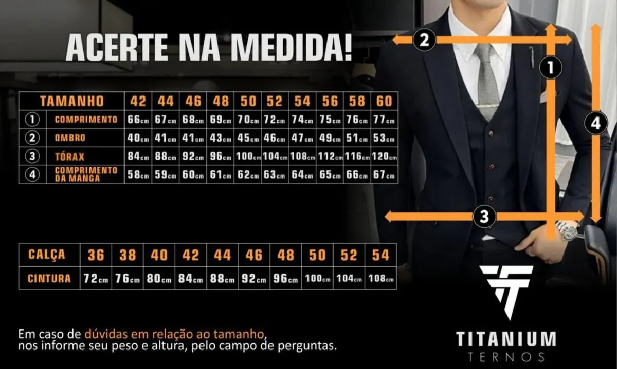 Tabela de medidas da Titanium Ternos exibindo tamanhos de 42 a 60 para paletó e calça