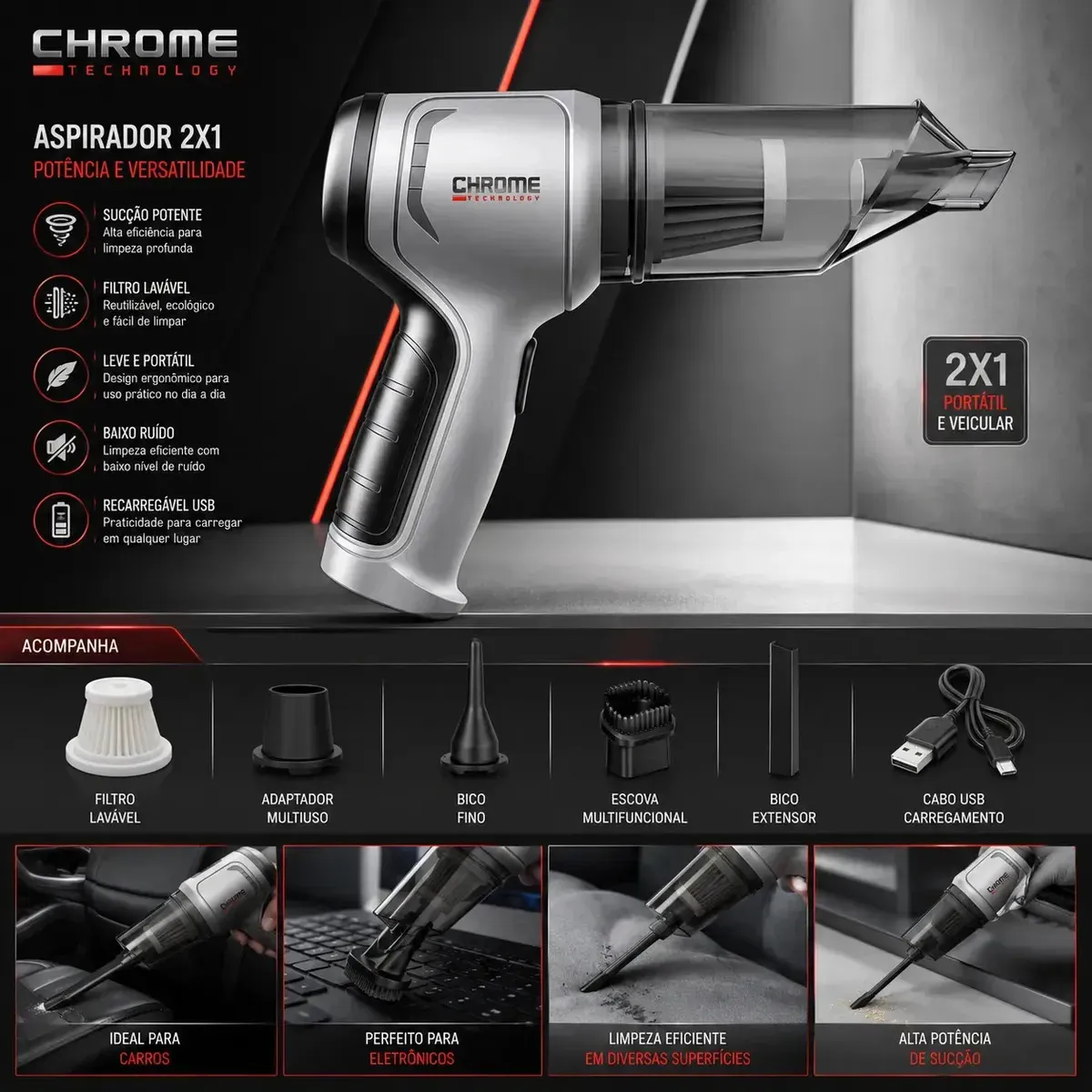 Mini Aspirador De Pó Portátil Recarregável Chrome Technology Soprador Usb Automotivo 3em1 Sem Fio Premium Vácuo Limpeza Carro Multifuncional Casa - foto 7