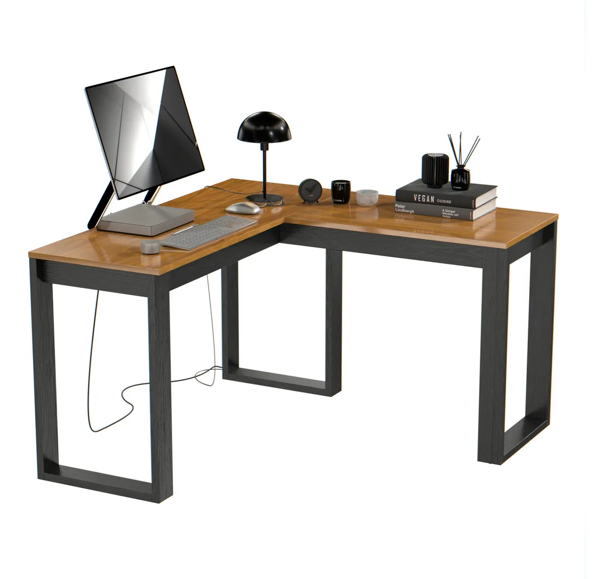 Escrivaninha de Canto Berlim Em L Cinamomo Mesa para Computador Home Office Gamer Estudo Trabalho MDP MDF Moderna Tampo Amplo Estrutura Preta - Imagem 2