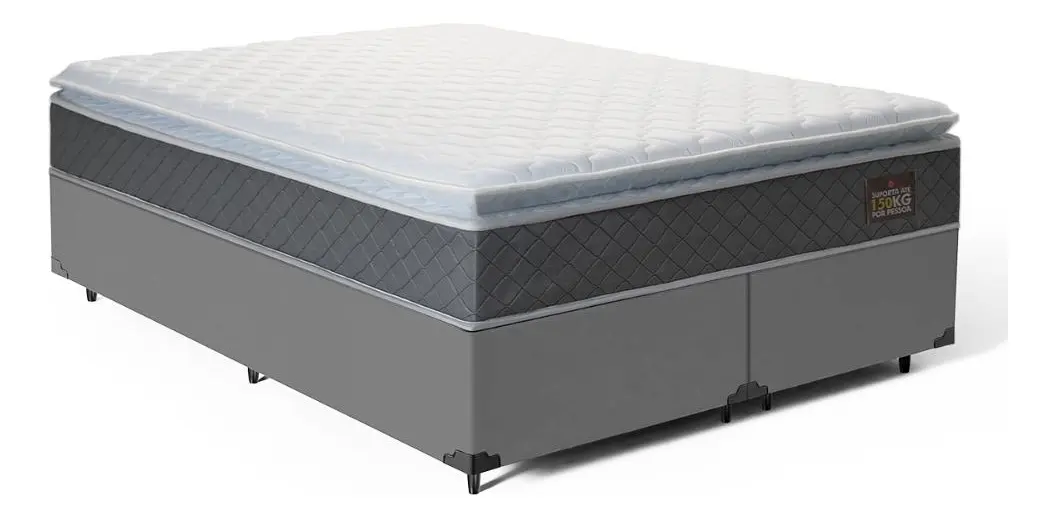 Visão em perspectiva do colchão sobre a base box cinza em fundo branco