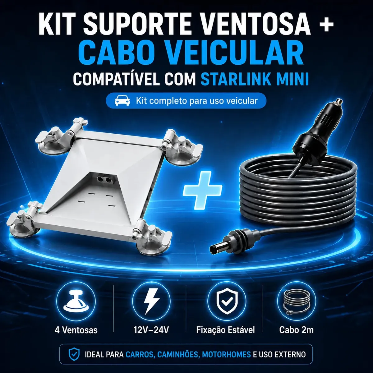 Kit Suporte Veicular Com 4 Ventosas Para Antena Starlink Mini + Cabo Veicular 12V/24V 2m Para Vidro E Teto Solar, Tieesa — foto 3