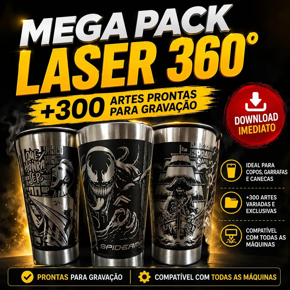 Mega Pacote Artes (+300) Para Gravação Copos Laser 360 Graus