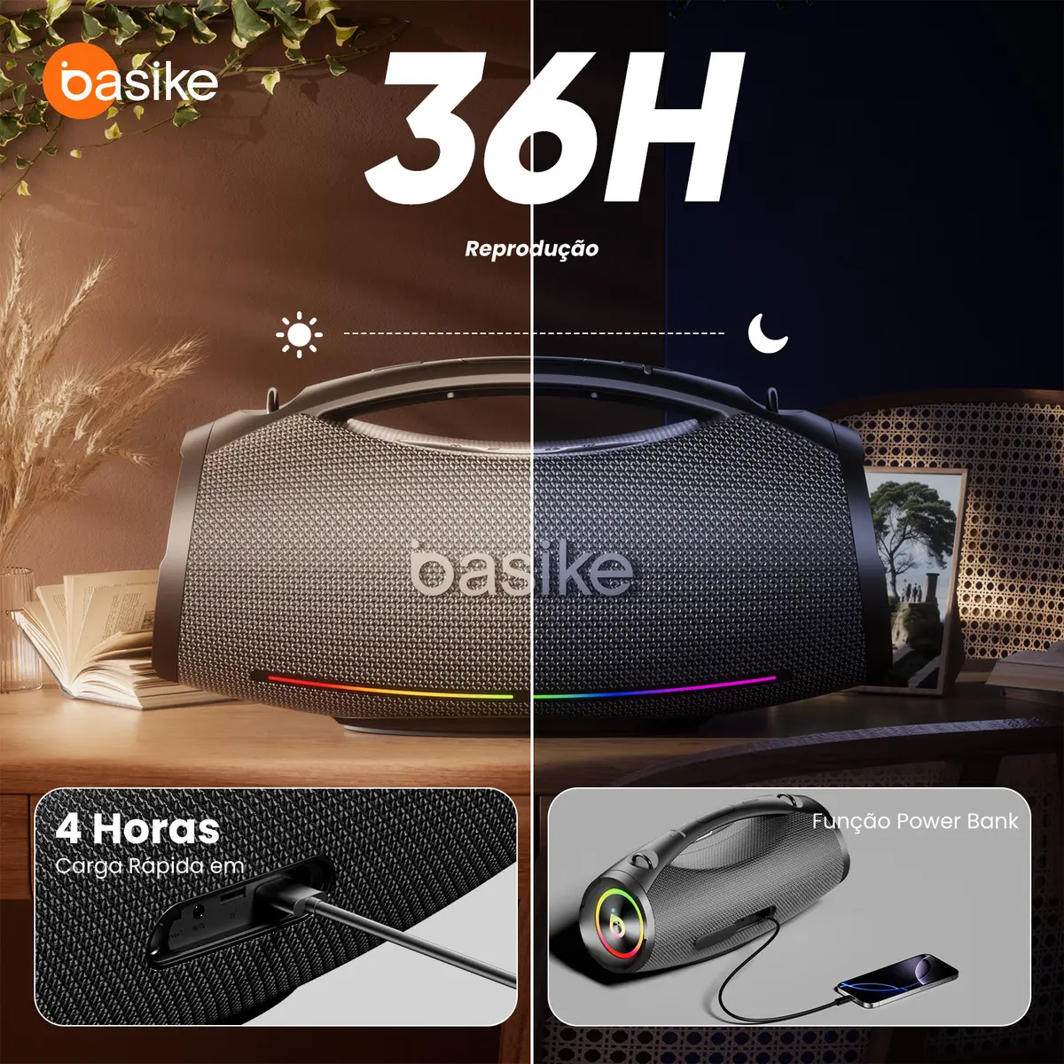 Caixa de Som Basike Boombox 200W Bluetooth Portátil com 36h e IPX6