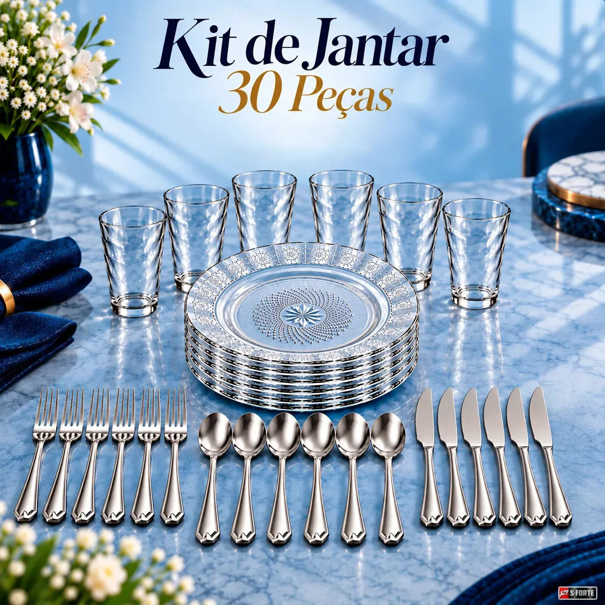Jogo de Jantar Sforte 30 Peças com Pratos e Copos de Vidro e Talheres de Inox