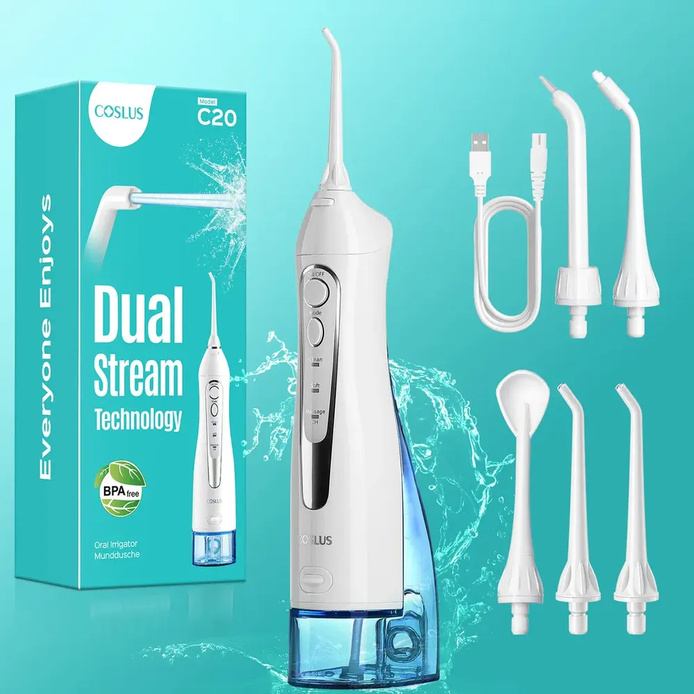 Coslus Irrigador Bucal Portátil, Water Flosser, Irrigador Dental, Limpiador Bucal, Irrigador Oral, Limpiador De Lengua, Irrigador 3 Modos, 5 Boquillas, 300 Ml, Impermeabilidad Ipx7