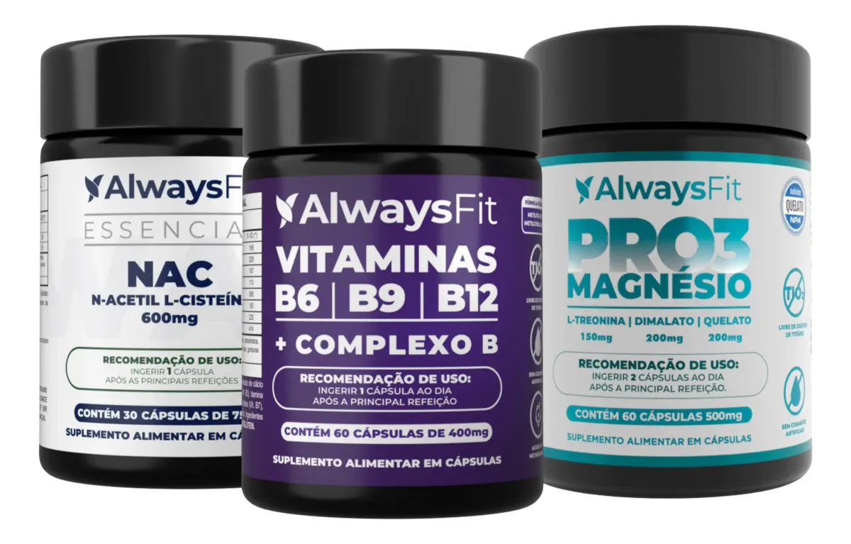 Kit AlwaysFit | Pro3magnésio + Nac E Vitaminas B6b9b12 | Sem Sabor