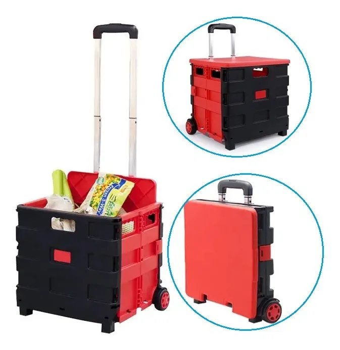 Carrito de compras plegable que se convierte en una caja de maletín con tapa de color negro con naranja