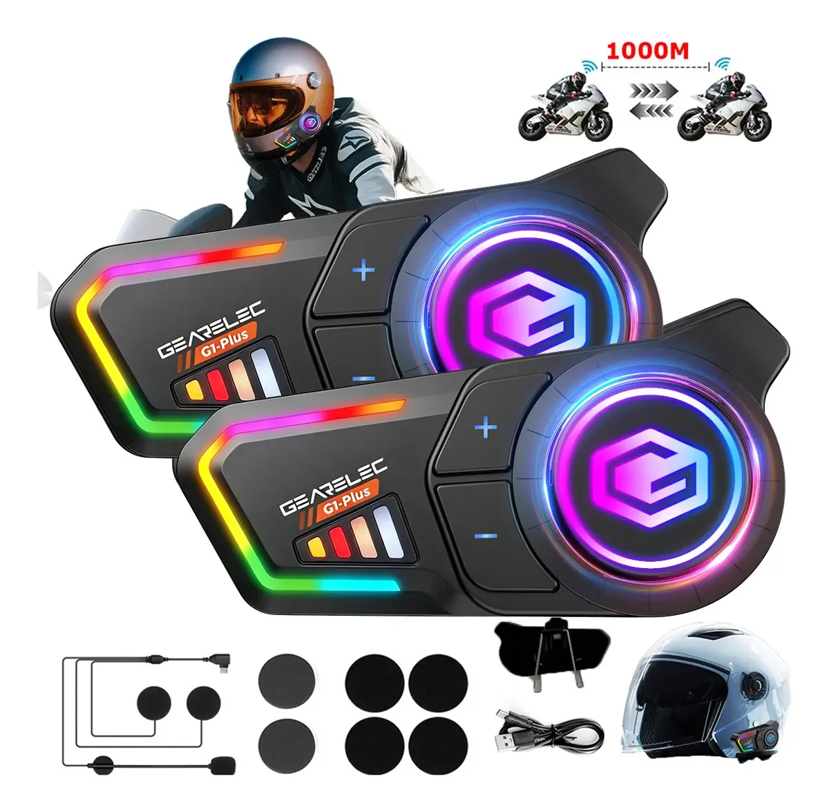 Intercomunicador Bluetooth Gearelec G1 Plus para Casco, Pack de 2, Compartir música, con Alcance de 1 km y Batería de 3200 mAh
