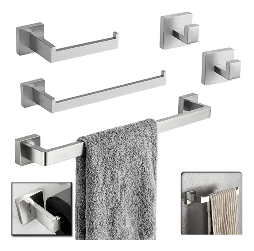 Kit 5 Peças Inox Banheiro Acessório Luxo Prata Quadrado Prateado