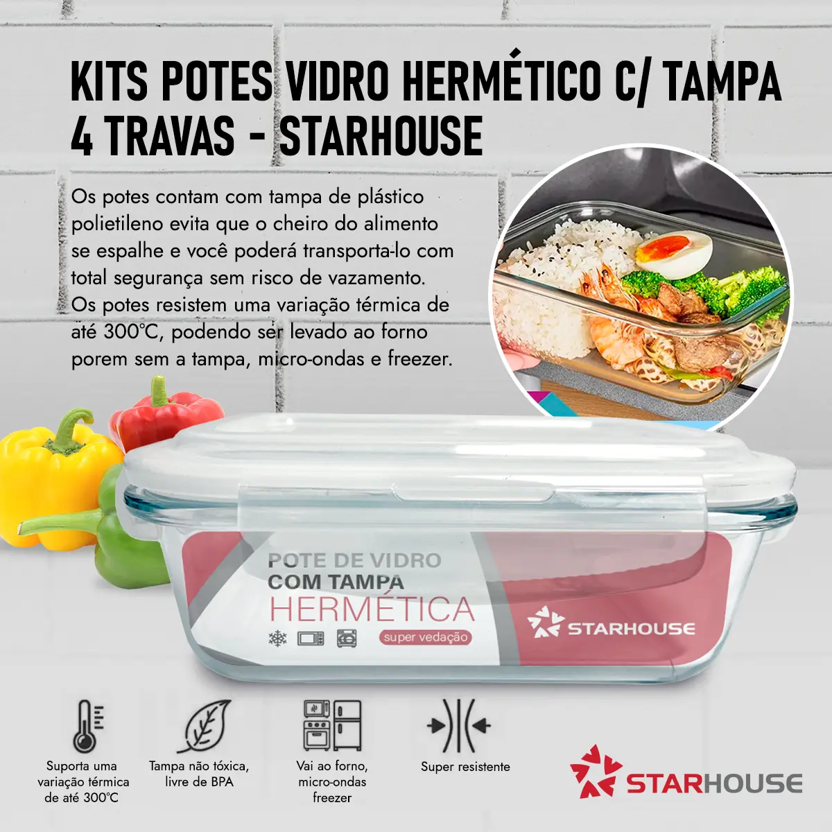 Pote de vidro Star House de 370ml com tampa de 4 travas, destacando o logo e informações do produto.