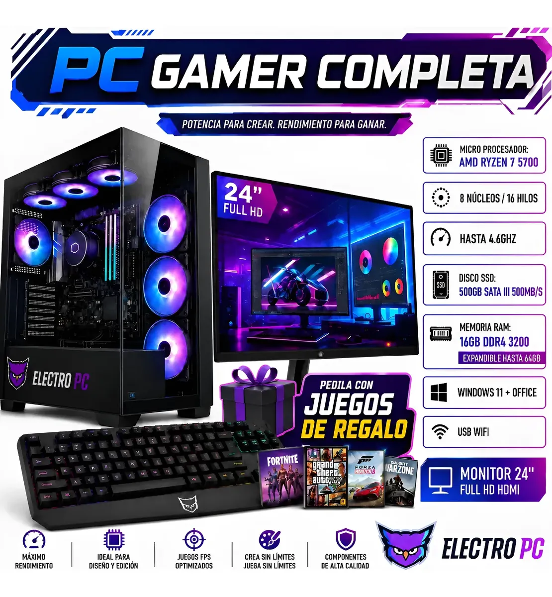 Pc Gamer Amd Ryzen 7 5700g 16gb Ssd 480gb Monitor 24 Wifi