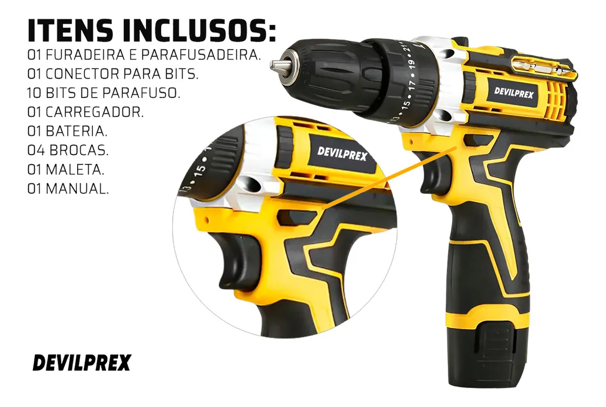 Jogo De Ferramentas 169 Peças Com Maleta E Furadeira Parafusadeira Sem Fio A Bateria 12v Devilprex - Imagem 3