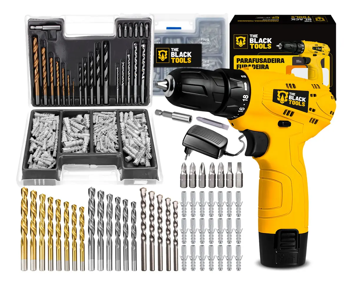 Parafusadeira Furadeira 3/8 A Bateria Tb12a The Black Tools Jogo Brocas E Buchas 300 Peças